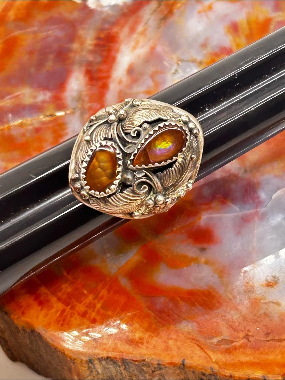 Mens Southwest Sterling Silver Fire Opal Ring - Size 11.5